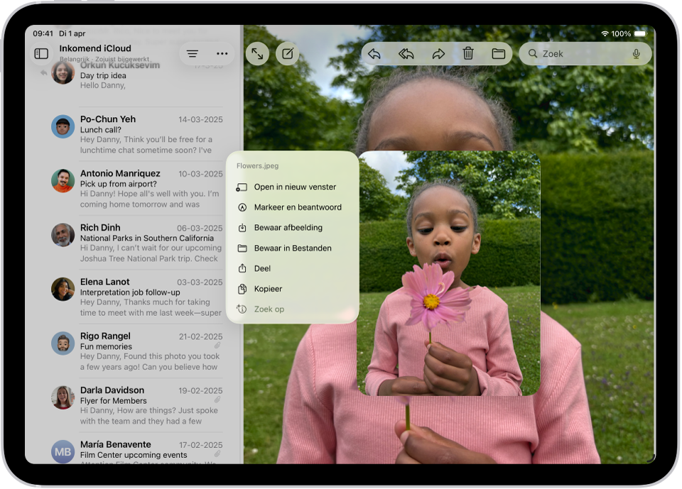 Een e‑mailbijlage is geselecteerd en de mogelijke taken worden weergegeven.