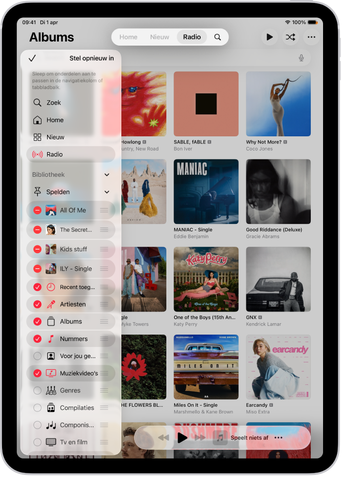 De iPad in de staande weergave, met opties om de navigatiekolom aan de linkerkant en de tabbladbalk boven in het scherm te wijzigen.