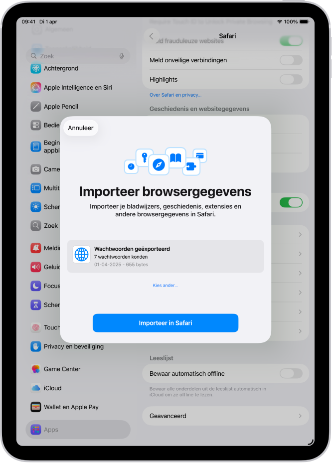 Het scherm voor het importeren van browsergegevens, met het CSV-bestand met de wachtwoorden die vanuit een andere wachtwoordbeheerder worden geïmporteerd.
