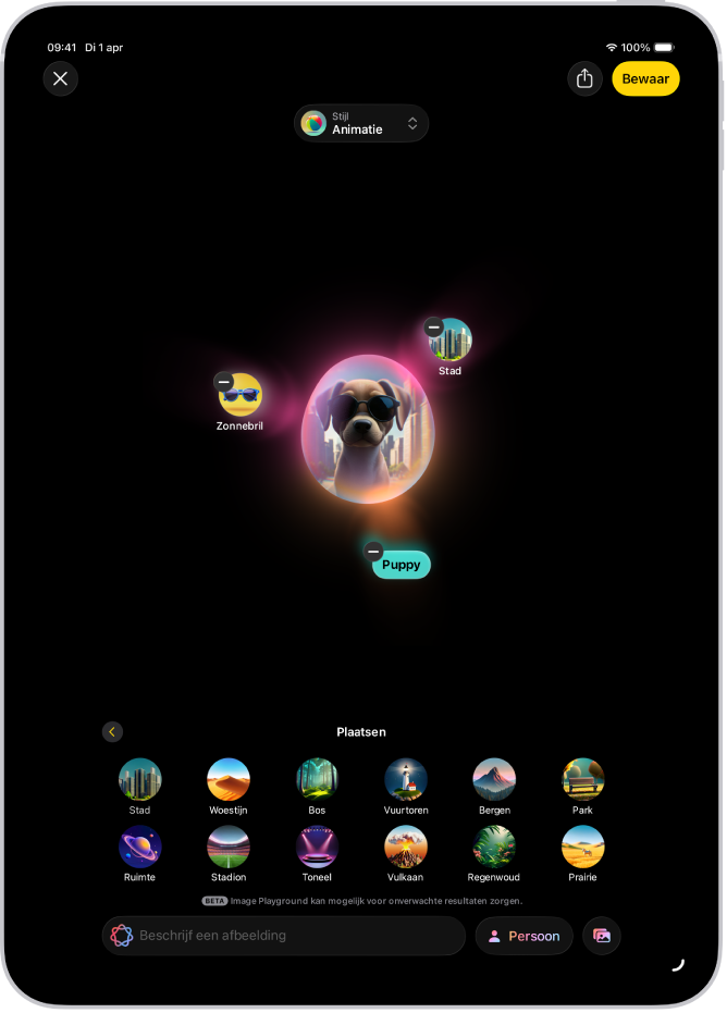 Het venster van de Image Playground-app, met een gegenereerde afbeelding van een persoon verkleed als superheld.