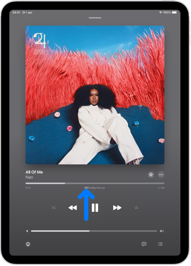 Het scherm 'Huidige' met het Dolby Atmos-symbool voor het nummer dat wordt afgespeeld.