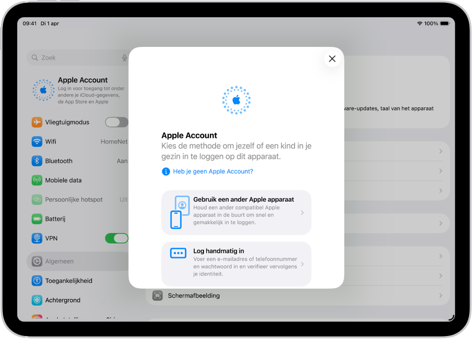 Het Instellingen-scherm met het Apple Account-inlogdialoogvenster in het midden van het scherm.