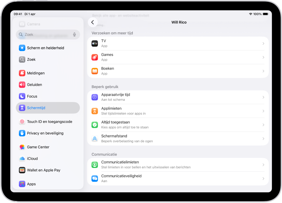 Het scherm voor een kind in een 'Delen met gezin'-groep, met een gedeelte 'Verzoeken om meer tijd'.