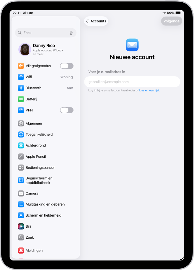 Het scherm voor een nieuwe account met een invoerveld voor je e‑mailadres.