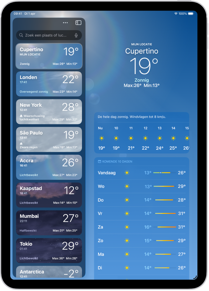 Het Weer-scherm, met links de navigatiekolom. In de navigatiekolom staat een lijst met steden en de huidige tijd, de temperatuur, de weersverwachting en de hoogste en laagste temperatuur. Bovenaan de lijst is 'Mijn locatie' geselecteerd en aan de rechterkant van het scherm staan de weersverwachting en -omstandigheden voor die locatie.