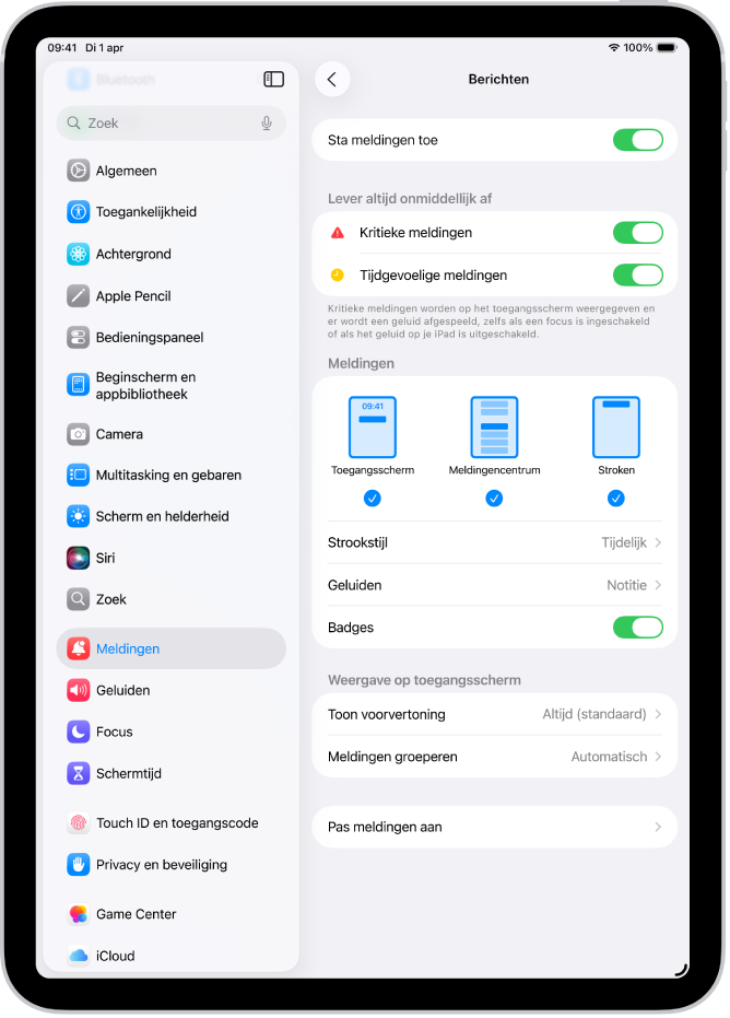 Meldingsinstellingen voor Berichten in Instellingen.