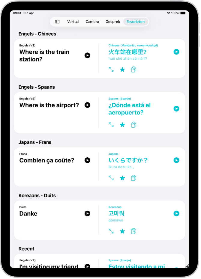 Het tabblad 'Favorieten' met bewaarde zinnen die naar diverse talen zijn vertaald.
