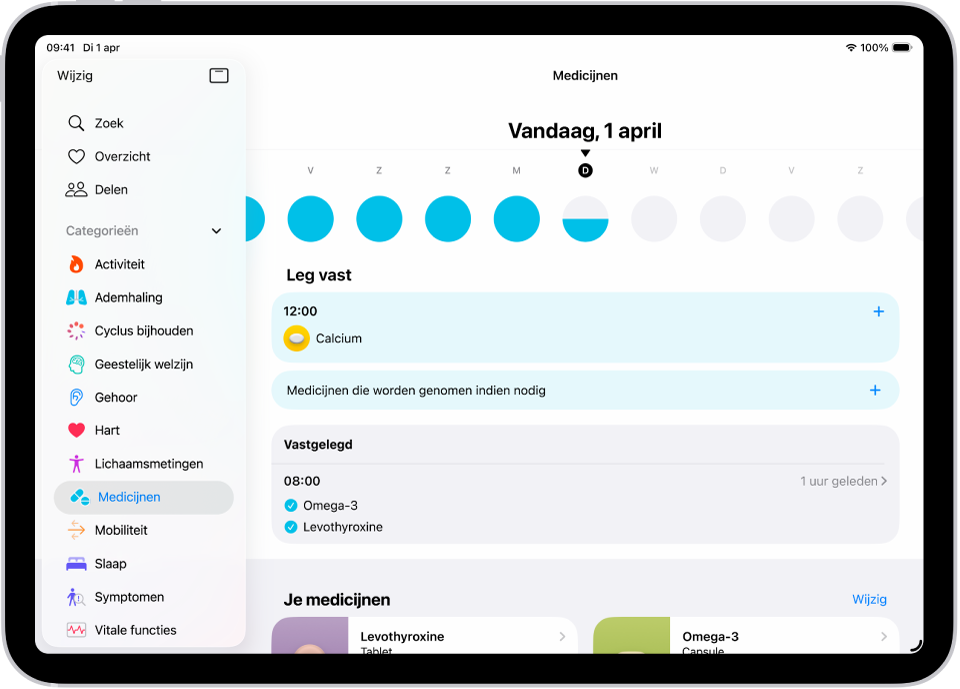Het scherm 'Medicijnen' in Gezondheid, met de datum en een log voor medicijnen.