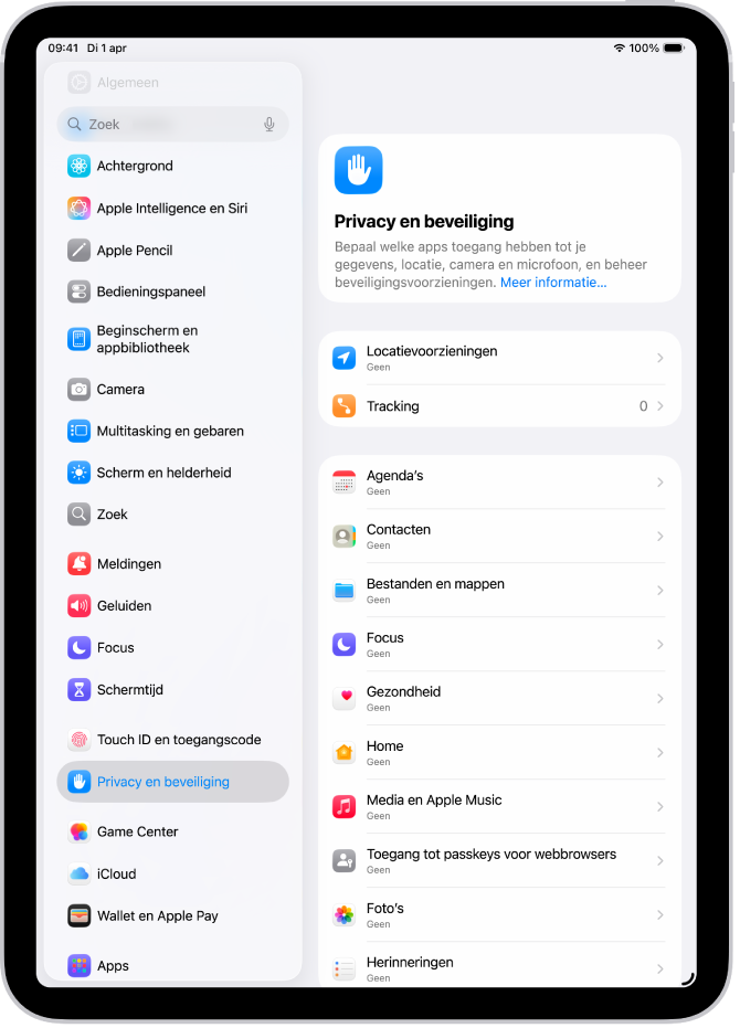Het scherm van 'Privacy en beveiliging', met instellingen voor locatievoorzieningen en tracking, en instellingen waarmee je bepaalt welke apps toegang tot je gegevens hebben.
