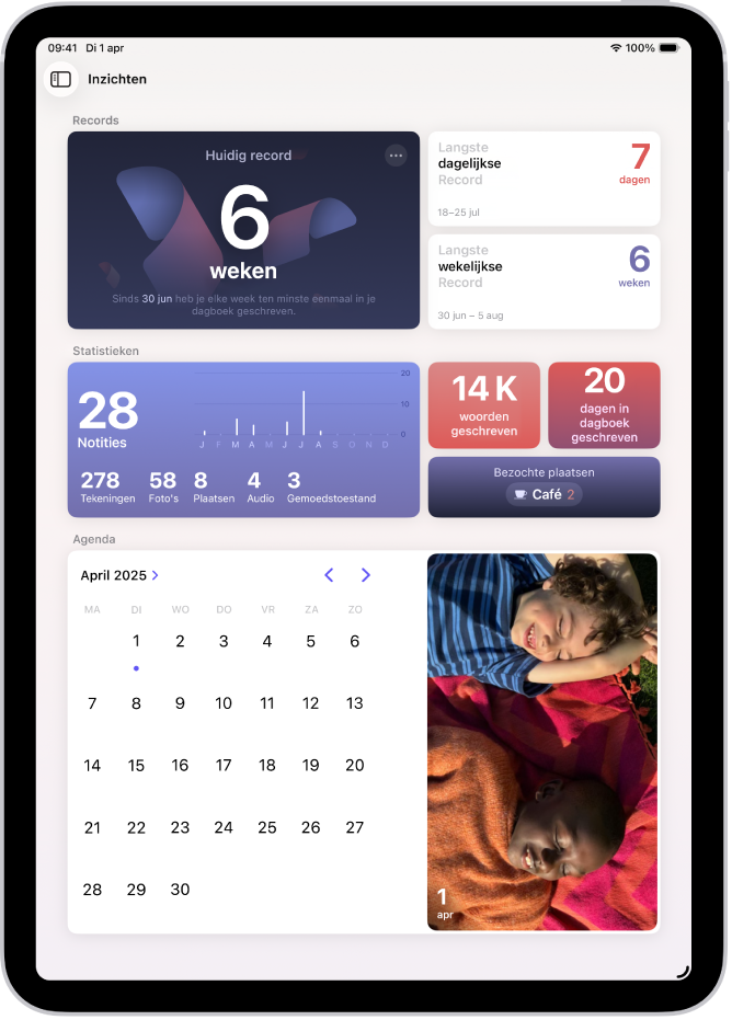 Een scherm in de Dagboek-app, met de huidige reeks en meetgegevens, zoals het aantal geschreven woorden.