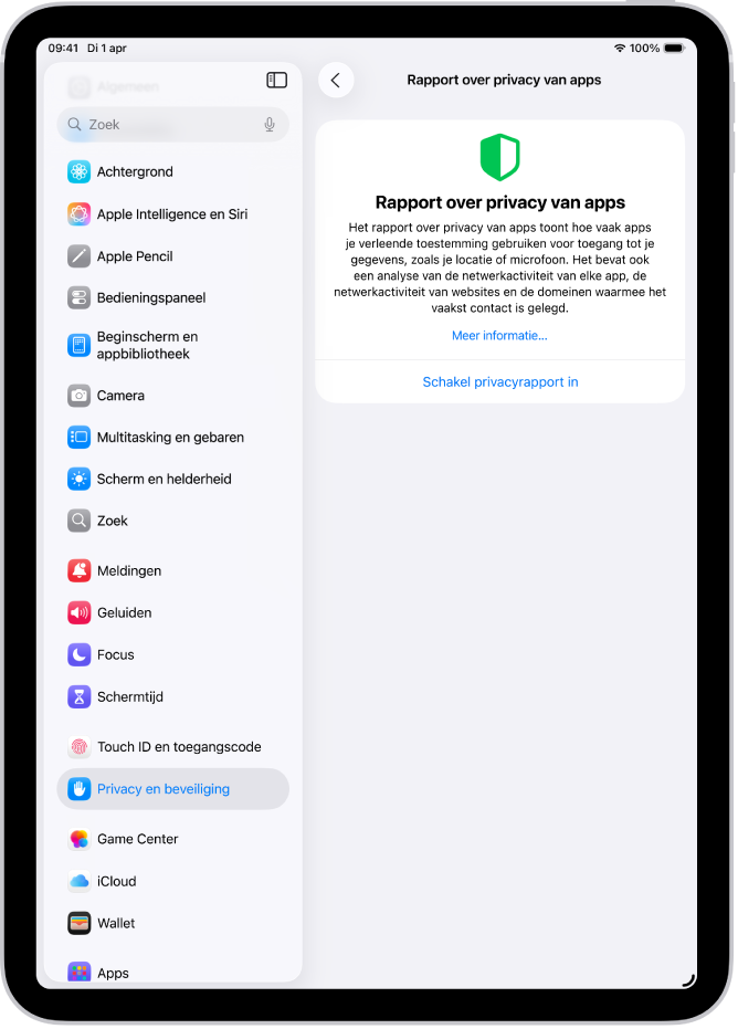 Het privacyrapportscherm, waar je een rapport kunt inschakelen om te zien hoe vaak apps de bevoegdheden gebruiken die je ze hebt gegeven, samen met hun netwerkactiviteit.
