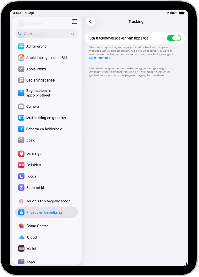 Het scherm van 'Tracking', met een instelling waarmee je bepaalt of apps kunnen vragen of ze je mogen volgen op websites of in apps van derden.