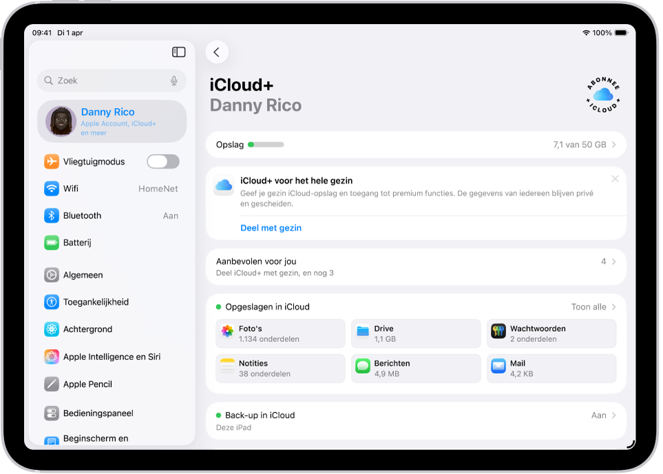 Het scherm met iCloud-instellingen, met de opslagmeter en een lijst met functies, zoals Foto's, iCloud Drive en Back‑up in iCloud, die met iCloud kunnen worden gebruikt.