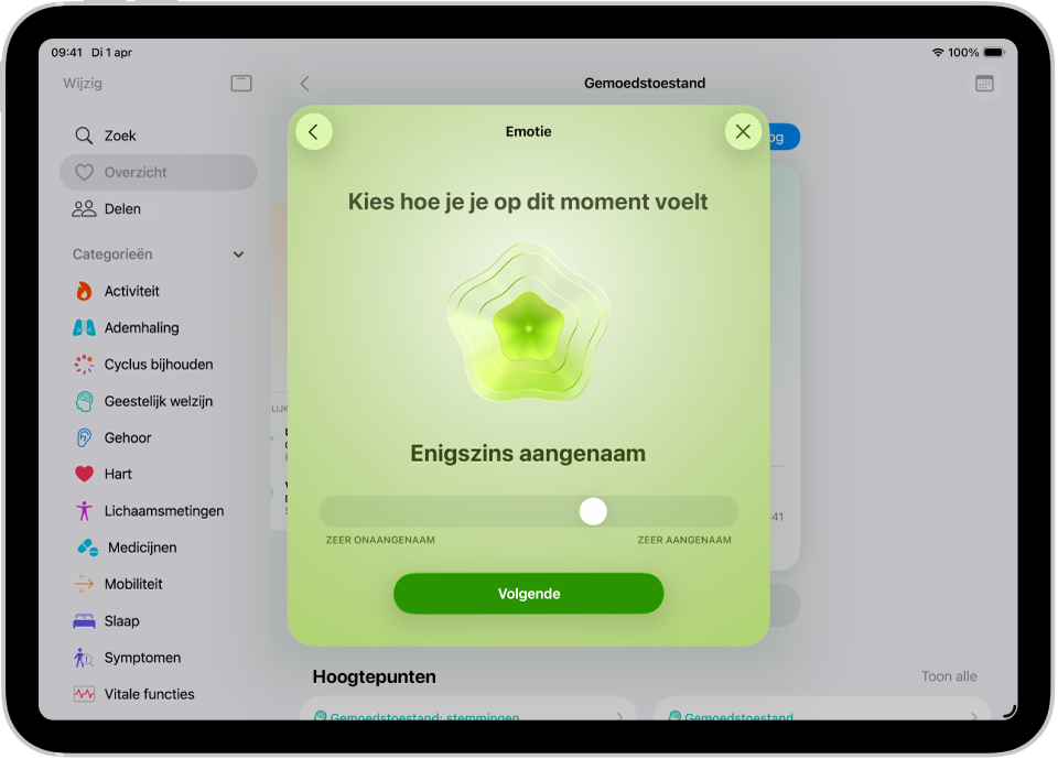 Een scherm in de Gezondheid-app waarin de huidige stemming als 'Enigszins aangenaam' wordt aangeduid. Onder in het scherm is een schuifknop om de sterkte van de emotie aan te passen.