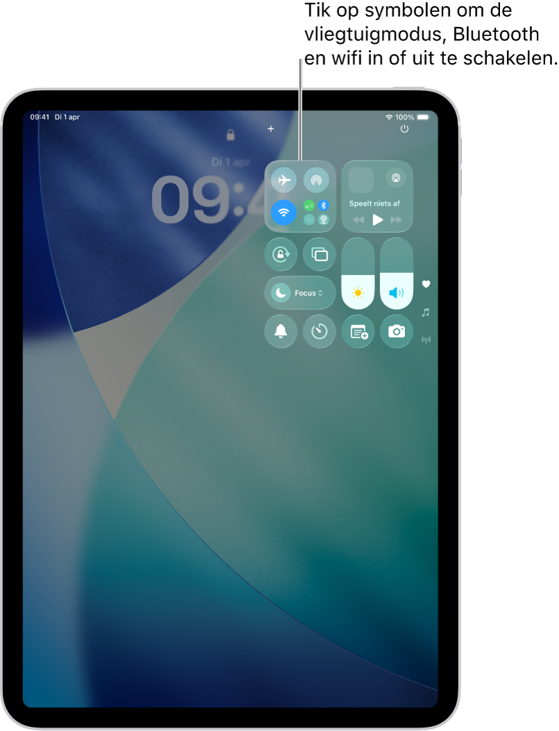 Het scherm van het bedieningspaneel waarop te zien is dat de vliegtuigmodus wordt ingeschakeld als je op de knop linksbovenin tikt.