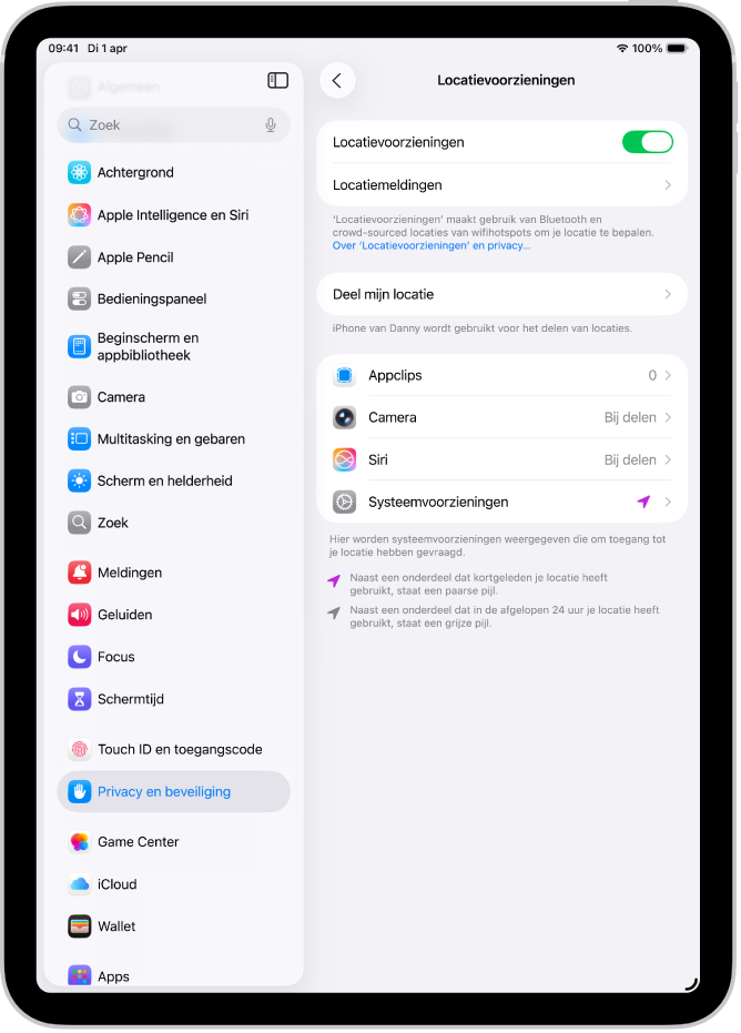 Het scherm van 'Locatievoorzieningen', met instellingen voor het delen van de locatie van je iPad met apps.
