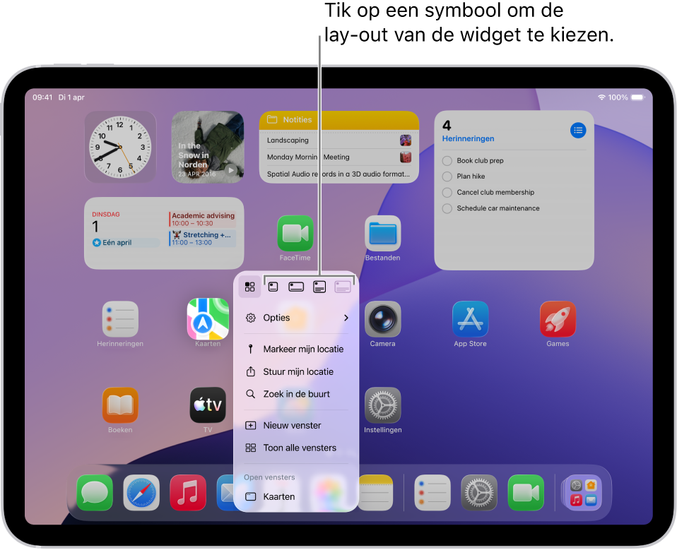 Een beginscherm met een pop‑upmenu van een app waarmee een appsymbool in een widget voor de app wordt omgezet.