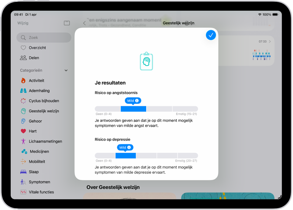 Een scherm in de Gezondheid-app met de resultaten van een vragenlijst over geestelijke gezondheid.