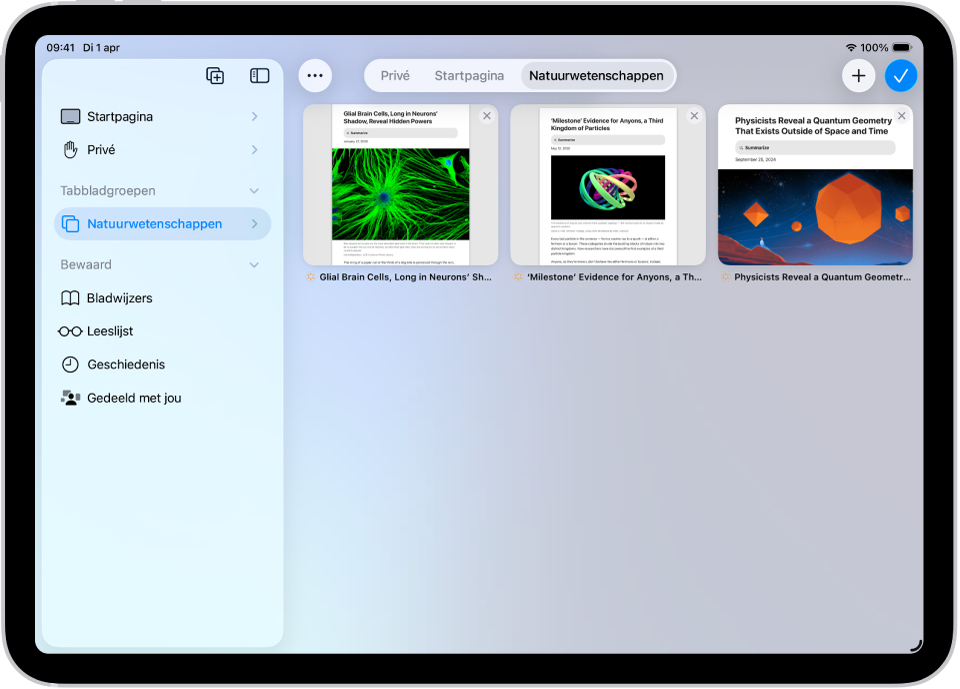 In Safari is de tabbladgroep 'Wetenschap' geselecteerd en zijn voorvertoningen van de drie geopende tabbladen in de groep zichtbaar.