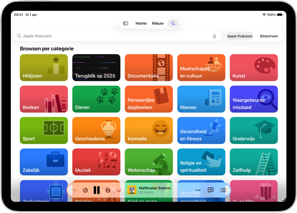 Het zoekscherm in de Podcasts-app met podcastcategorieën. Bijna onder in het scherm staat de minispeler.