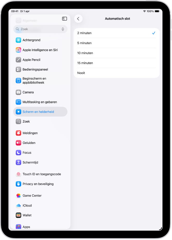 Het scherm 'Automatisch slot', met instellingen voor de tijdsduur waarna de iPad automatisch wordt vergrendeld.