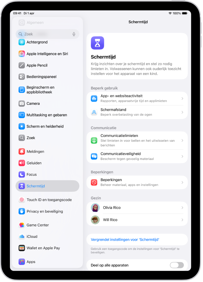 Het scherm om Schermtijd te configureren, waarbij wordt aangegeven dat je hiervoor op 'App- en websiteactiviteit' moet tikken.