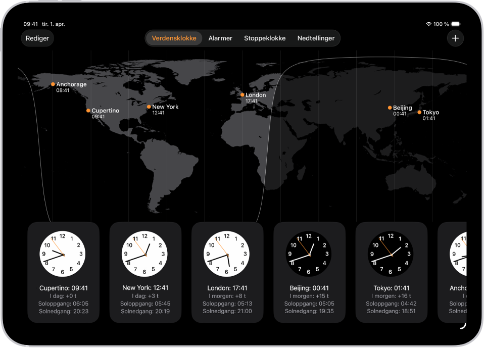 Verdensklokke-fanen, som viser klokkeslettet i forskjellige byer. Med Rediger-knappen øverst til venstre kan du omorganisere eller slette klokker. Med Legg til-knappen øverst til høyre kan du legge til flere klokker. Knappene for Verdensklokke, Alarm, Stoppeklokke og Nedtellinger vises nederst.