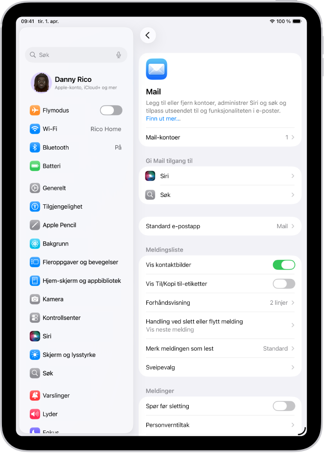 Skjermen for Mail-innstillinger