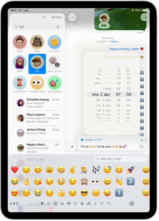En Meldinger-samtale viser en melding som er satt til å sendes ut senere.