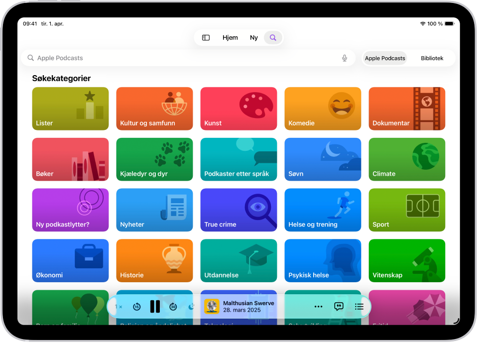 Søk-skjermen i Podkaster-appen som viser podkastkategorier. Lenger ned på skjermen er minispilleren.