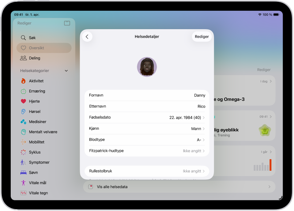 Helsedetaljer-skjermen med felter for navn, fødselsdato, blodtype og annen informasjon.