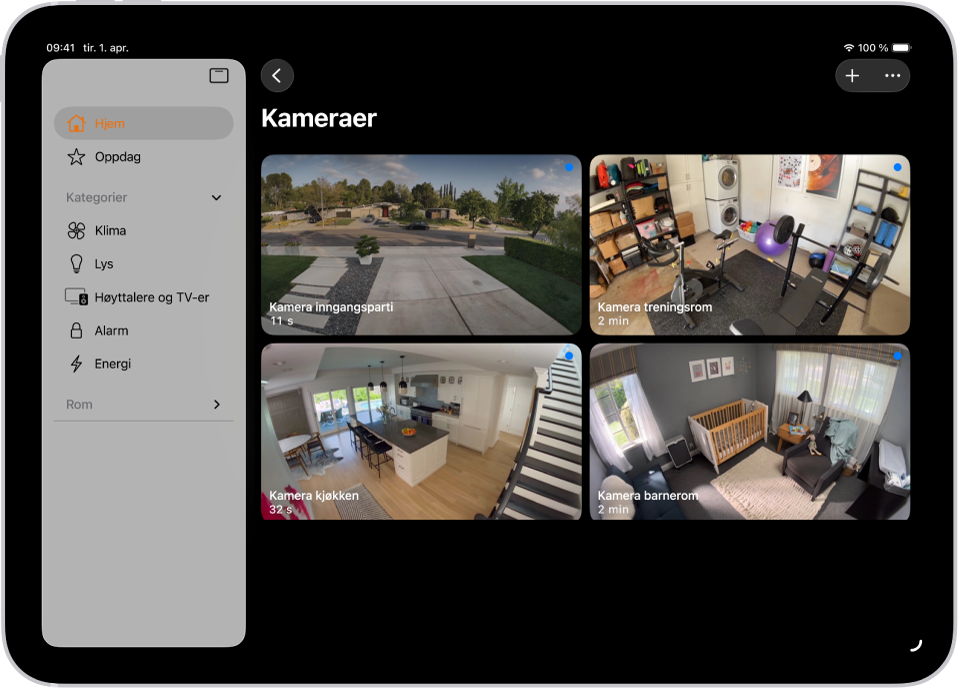 Hjem-appen med sidepanelet til venstre. Hjem er markert. Til høyre vises bilder fra fem overvåkingskameraer.