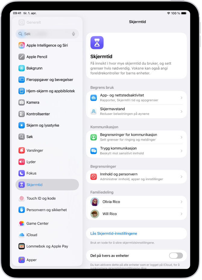 Konfigureringsskjermen for Skjermtid som viser at du trykker på App- og nettstedsaktivitet for å komme i gang.