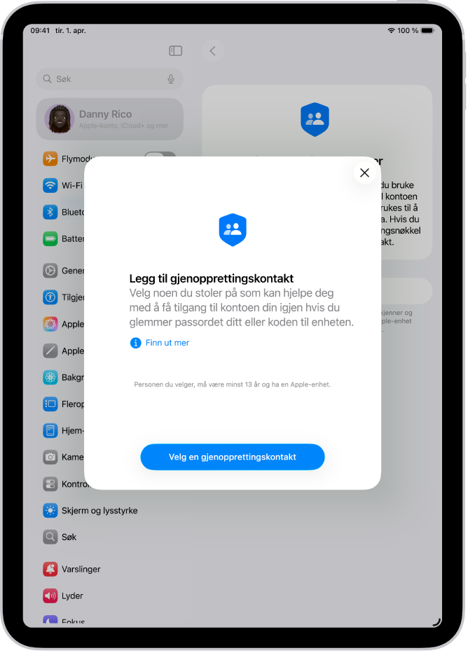 Kontakt for kontogjenoppretting-skjermen med informasjon om funksjonen. Legg til gjenopprettingskontakt-knappen er nederst