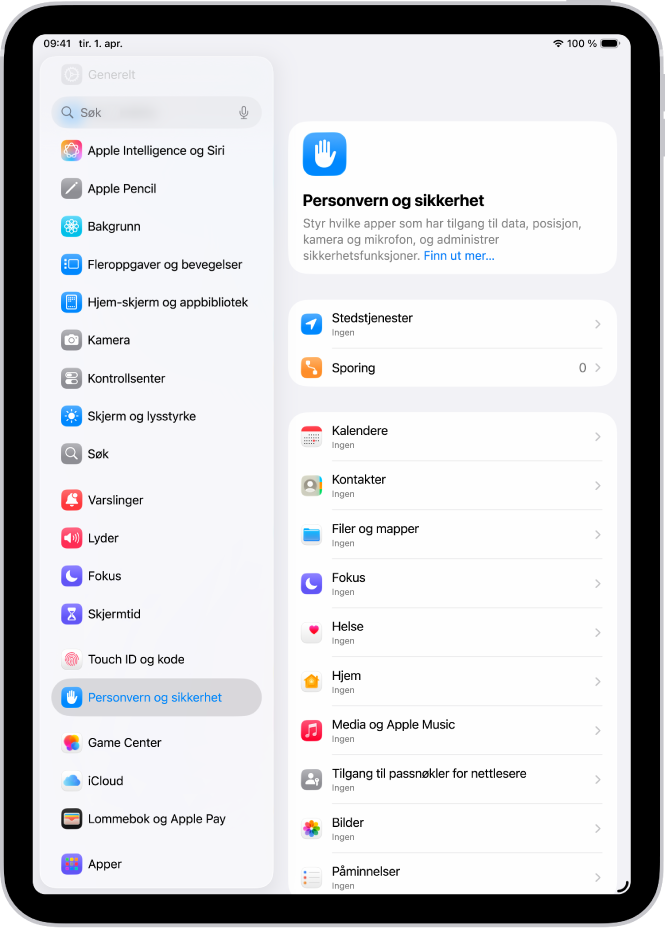 Personvern og sikkerhet-skjermen, med innstillinger for Stedstjenester og Sporing, og innstillinger for å bestemme hvilke apper som skal ha tilgang til dataene dine.
