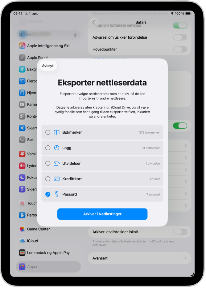 Eksporter nettleserdata-skjermen med Passord-valget markert for eksport til en annen passordhåndterer.