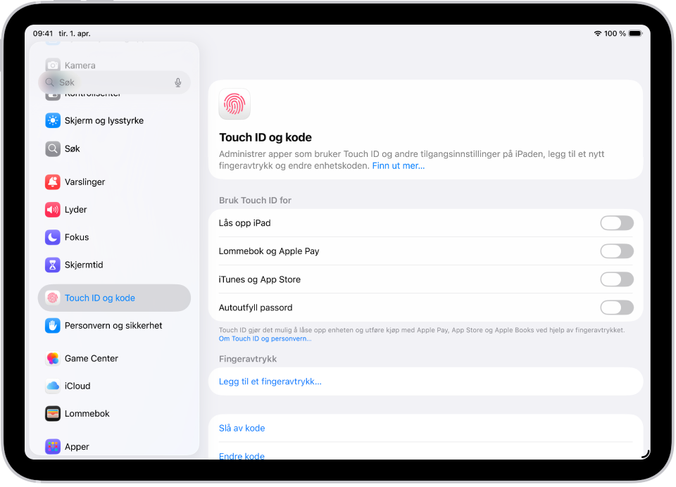 En skjerm som viser innstillinger for Touch ID og kode, med valg om å legge til et fingeravtrykk og slå på kode.