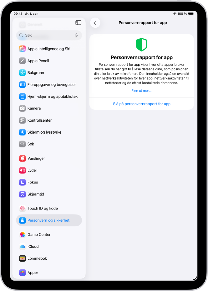 Personvernrapport-skjermen viser hvor du kan slå på en rapport om hvor ofte apper bruker tillatelsene du har gitt dem, sammen med nettverksaktiviteten deres.