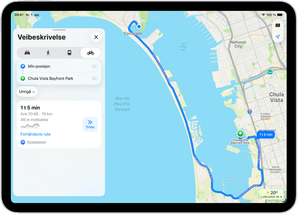 Et kart som viser flere sykkelruter, og hver av dem har en Trinn-knapp.
