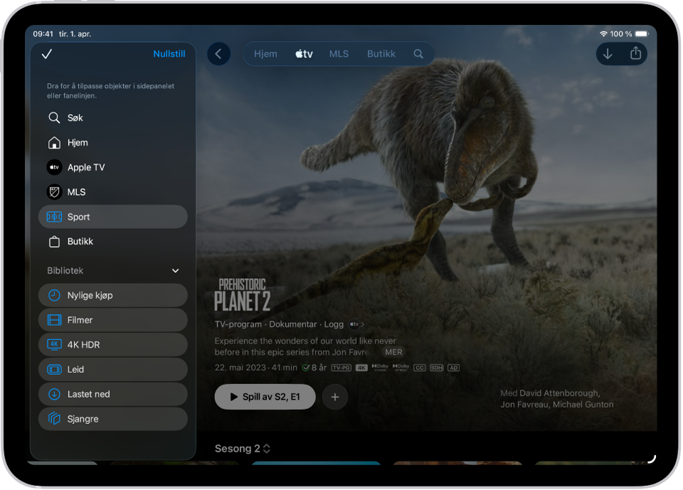 En iPad viser valg for redigering av fanelinjen øverst på skjermen.