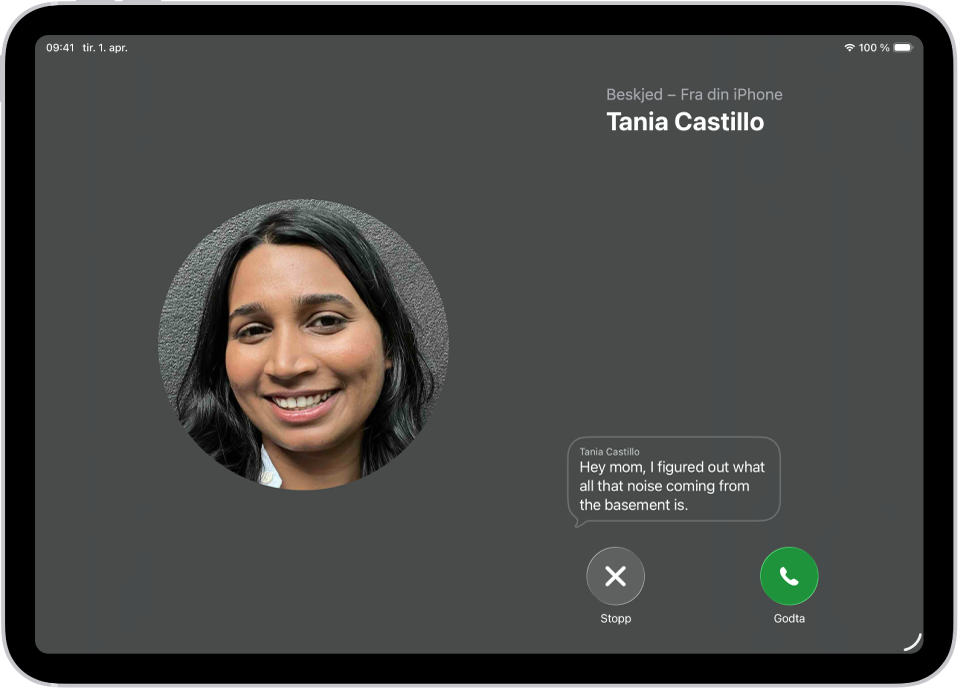 En anropsskjerm viser en direktetekstet beskjed fra en kontakt. Nedenfor avskriften vises Stopp- og Svar-knappene for samtalen.