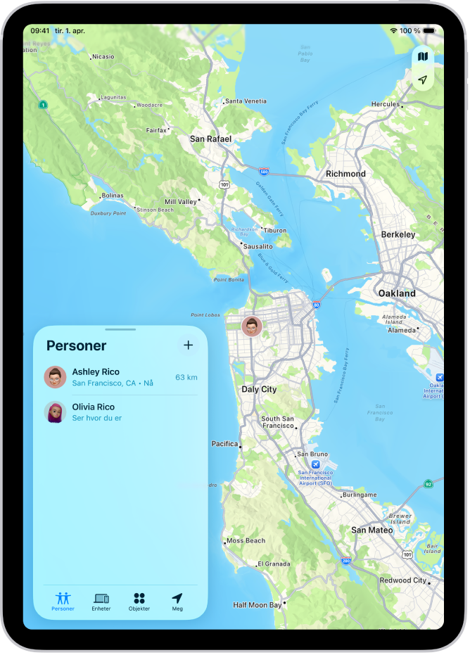 Hvor er-skjermen, som viser Personer-listen. Det er fire personer i listen: Anne Riise, Olivia Riise, Dagny Ringstad og William Riise. Posisjonene deres vises på et kart over San Francisco.