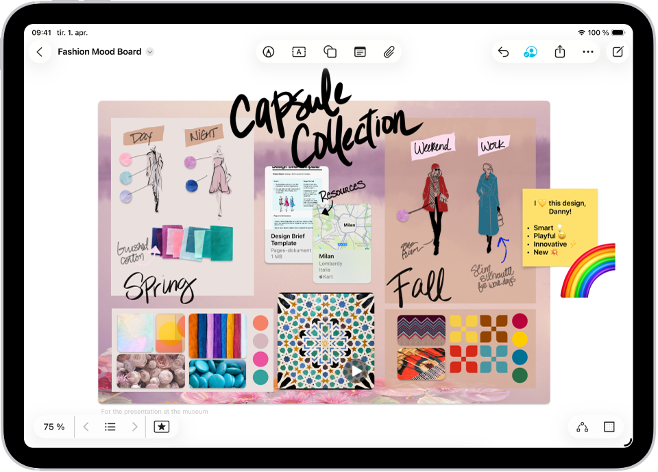 En iPad med Freeform-appen åpnet. Tavlen inneholder håndskrift, tekst, tegninger, figurer, bilder, videoer, huskelapper, lenker og andre filer.