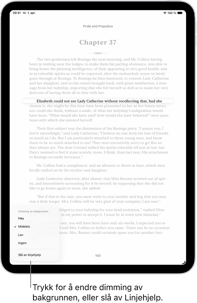 En bokside i Bøker-appen. Én tekstlinje er uthevet, og resten av teksten dempes. Linjehjelpmeny-knappen er nederst i venstre hjørne.