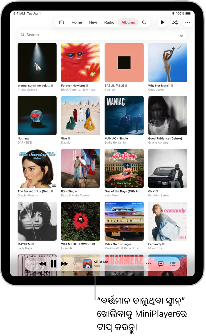 ନିମ୍ନ ପାର୍ଶ୍ୱରେ MiniPlayer ଦେଖାଉଥିବା ଆଲ୍‌ବମ୍ ଟ‍ାବ୍‌। MiniPlayerର ଚାଲୁଥିବା ଗୀତର ଶୀର୍ଷକ ଦେଖାଉଛି।