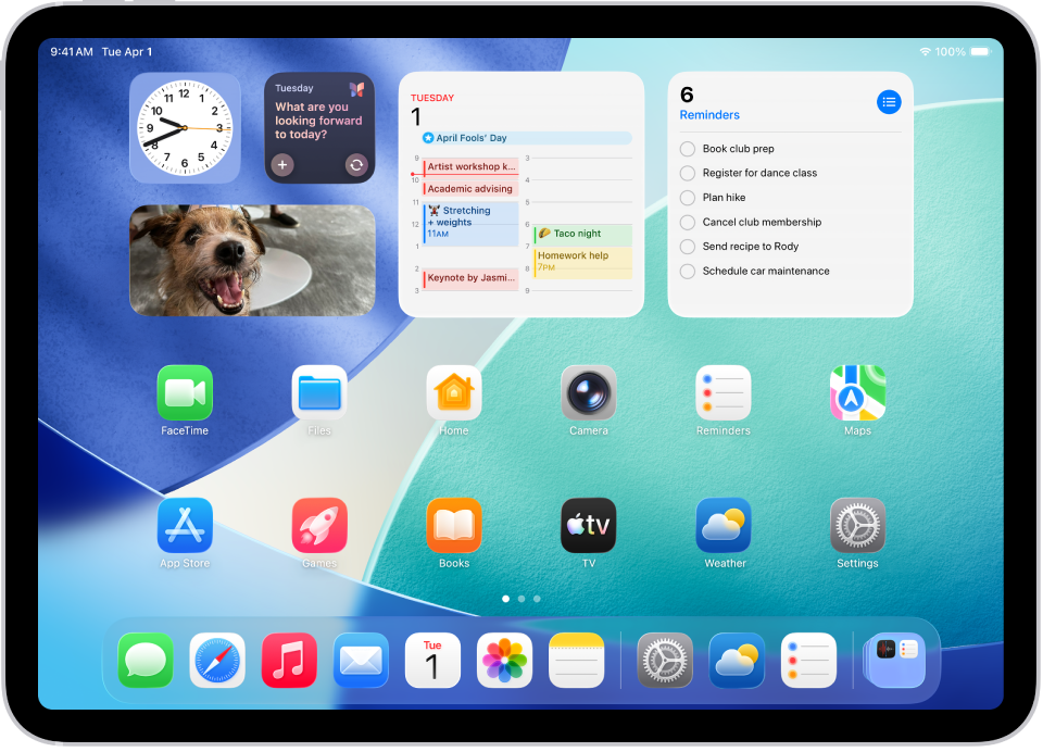 iPad ହୋମ୍ ସ୍କ୍ରୀନର ଉଦାହରଣ ଦେଖାଉଥିବା ଏକ ସ୍କ୍ରୀନ୍ଶଟ୍।