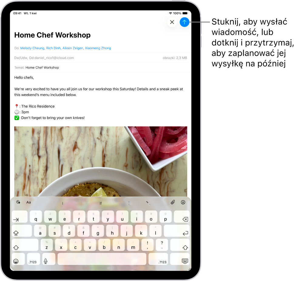 Robocza wersja wiadomości email otwarta w aplikacji Poczta. W prawym górnym rogu znajduje się przycisk wysyłania wiadomości. Stuknij w niego, aby wysłać wiadomość od razu, albo dotknij go i przytrzymaj, aby zaplanować wysyłkę na później.