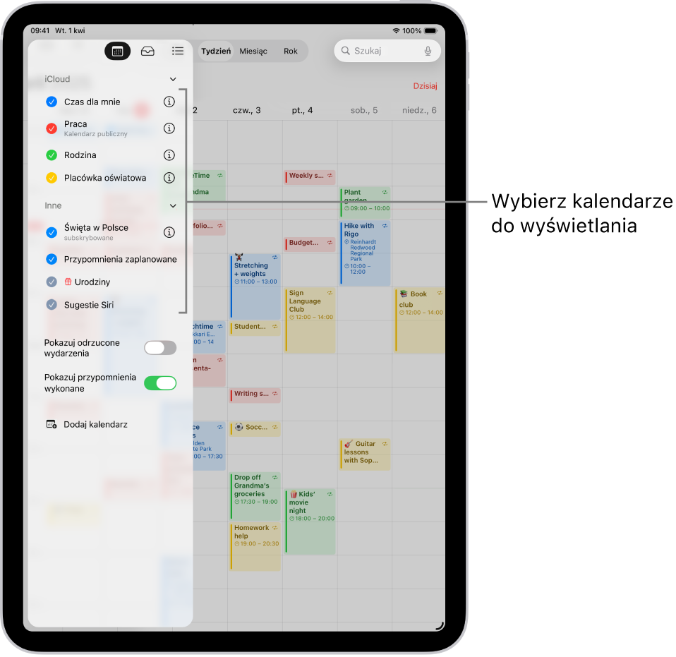Lista kalendarzy. Kalendarze aktywne są oznaczone na niej znakiem zaznaczenia. W prawym górnym rogu znajduje się przycisk Gotowe, który pozwala zamknąć listę. W lewym górnym rogu znajduje się przycisk dodawania kalendarza.