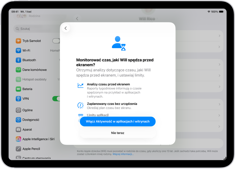 Ekran Ustawień z&nbsp;oknem nałożonym wyświetlającym konfigurację funkcji Czas przed ekranem.