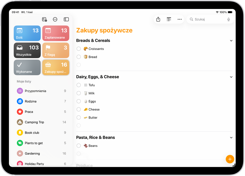 Aplikacja Przypomnienia wyświetlająca listę zakupów z produktami podzielonymi na kategorie, takie jak Pieczywo i produkty zbożowe oraz Nabiał, jaja i sery.